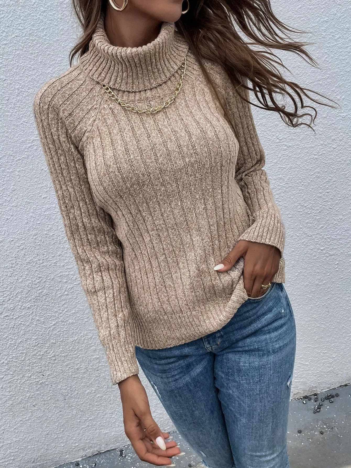 Casual Plain Rib-Knit Long Sleeve High Neck Slit Regular Women Sweater