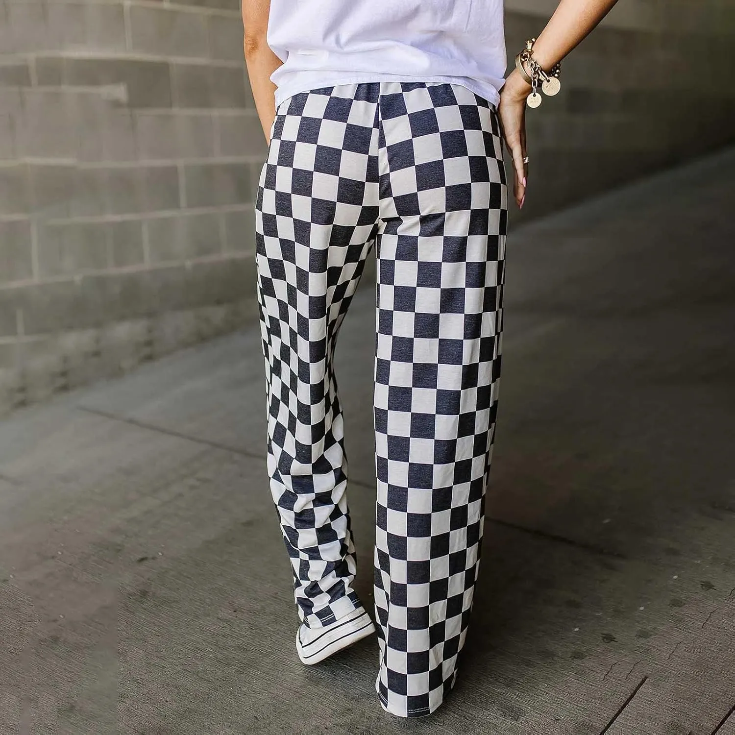Checkered Pants for Women Elastic High Waist Wide Leg Lounge Pants Straight Loose Fit Plaid Trousers with Pockets