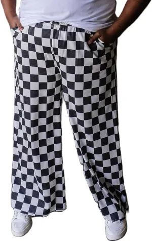 Checkered Pants for Women Elastic High Waist Wide Leg Lounge Pants Straight Loose Fit Plaid Trousers with Pockets