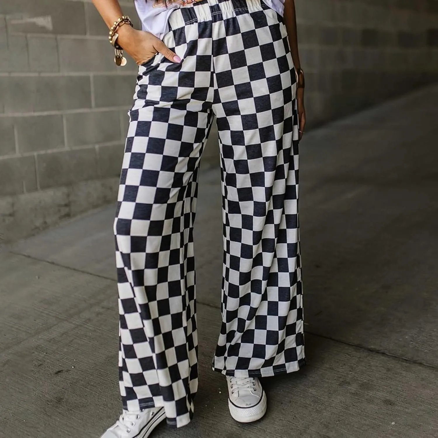Checkered Pants for Women Elastic High Waist Wide Leg Lounge Pants Straight Loose Fit Plaid Trousers with Pockets