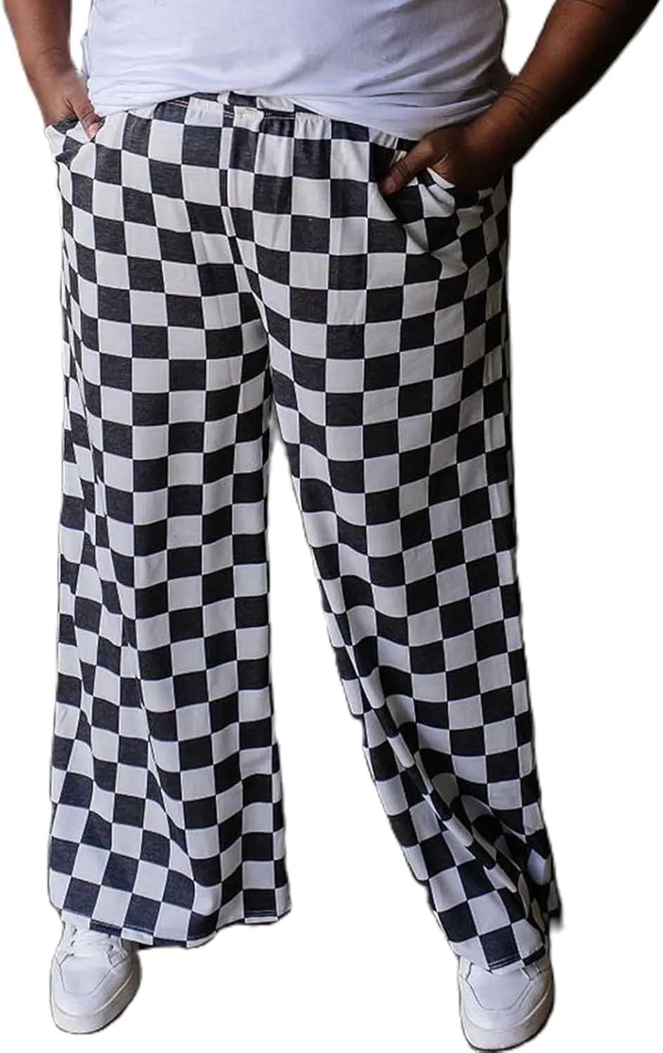 Checkered Pants for Women Elastic High Waist Wide Leg Lounge Pants Straight Loose Fit Plaid Trousers with Pockets