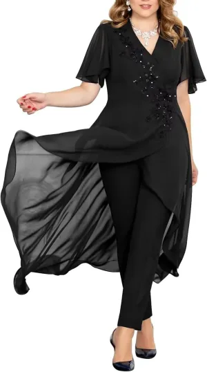 Chiffon Beaded Pantsuits for Women 2 Pieces Mother of The Bride Dresses V Neck Pant Suits for Weeding
