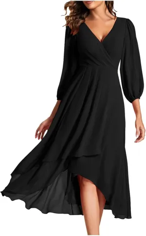 Chiffon Dresses for Women Summer Flowy Ruffle Mini Dress Elegant V Neck 3/4 Lantern Sleeve Party Cocktail Wedding Guest Dress