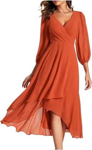 Chiffon Dresses for Women Summer Flowy Ruffle Mini Dress Elegant V Neck 3/4 Lantern Sleeve Party Cocktail Wedding Guest Dress