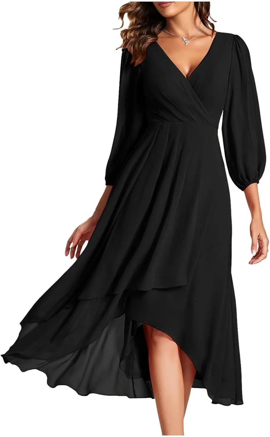 Chiffon Dresses for Women Summer Flowy Ruffle Mini Dress Elegant V Neck 3/4 Lantern Sleeve Party Cocktail Wedding Guest Dress