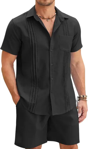 COOFANDY Mens Beach Outfits for Vacation 2 Piece Short Set Guayabra Sets Resort Wear