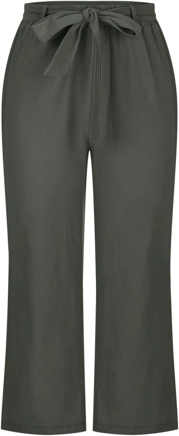 Cotton Linen Capri Pants for Women 2023 Summer Casual Elastic Waist Wide Leg Cropped Pants Loose Fit Beach Pants with Pockets
