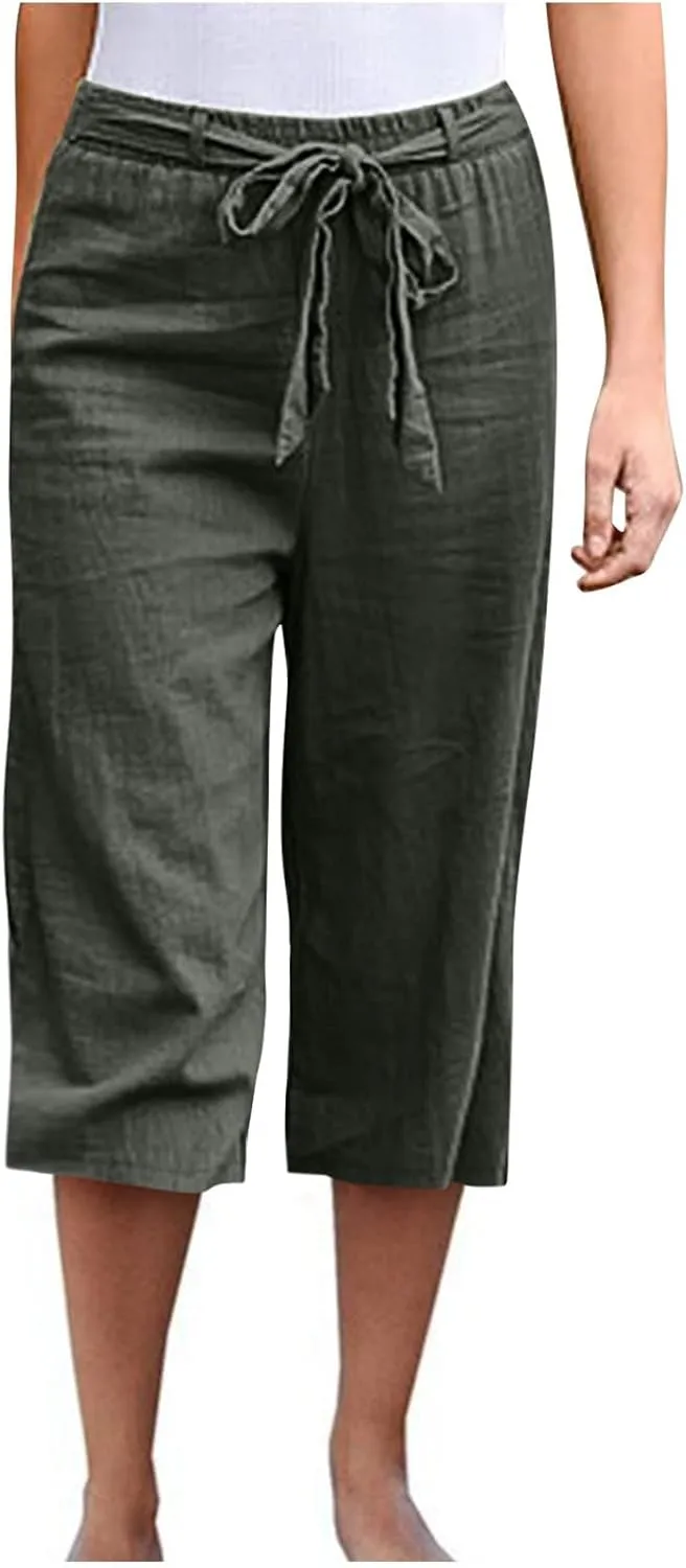 Cotton Linen Capri Pants for Women 2023 Summer Casual Elastic Waist Wide Leg Cropped Pants Loose Fit Beach Pants with Pockets