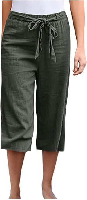 Cotton Linen Capri Pants for Women 2023 Summer Casual Elastic Waist Wide Leg Cropped Pants Loose Fit Beach Pants with Pockets