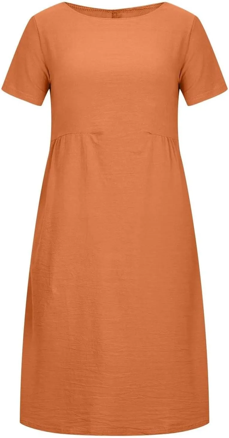 Cotton Linen Dresses for Women 2025 Short Sleeve Midi Beach Dress Flowy Summer Dresses Vacation Shirt Dress with Pocket