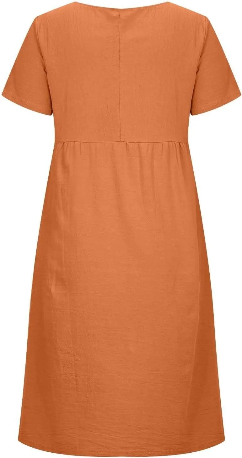 Cotton Linen Dresses for Women 2025 Short Sleeve Midi Beach Dress Flowy Summer Dresses Vacation Shirt Dress with Pocket
