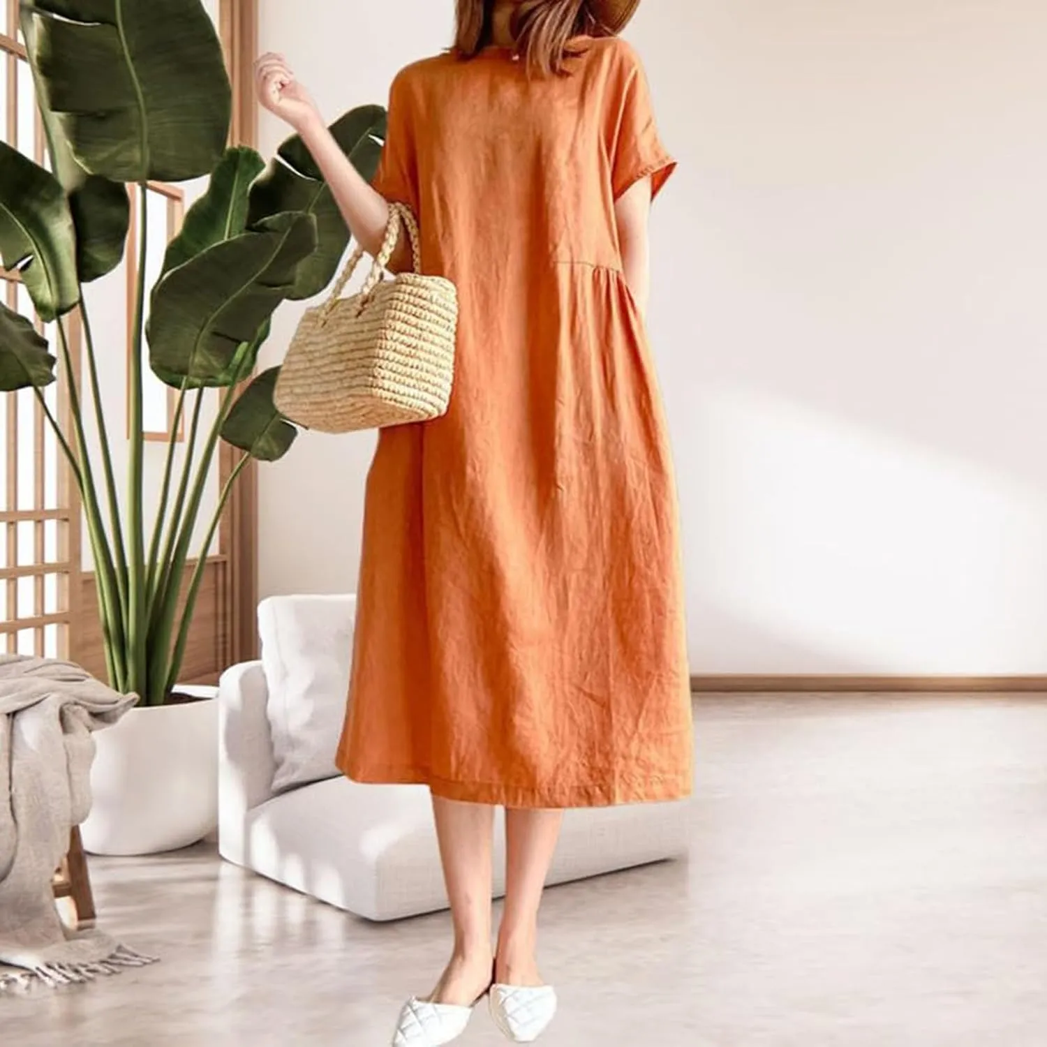Cotton Linen Dresses for Women 2025 Short Sleeve Midi Beach Dress Flowy Summer Dresses Vacation Shirt Dress with Pocket
