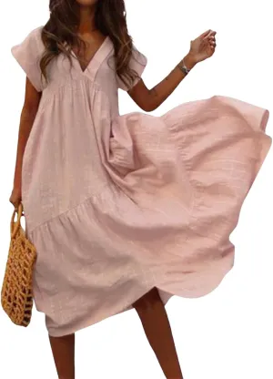 Cotton Linen Dresses for Women 2025 Summer Short Sleeve Midi Beach Dress A Line Flowy Dresses Shirt Dress with Pocket