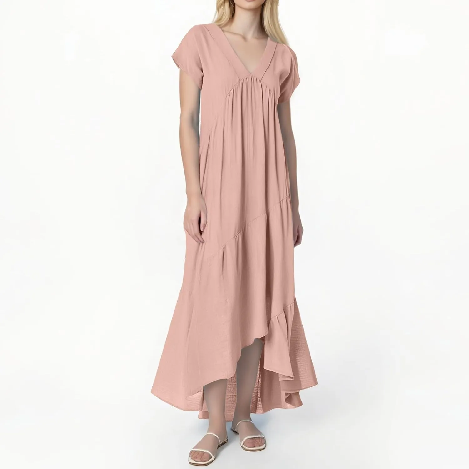 Cotton Linen Dresses for Women 2025 Summer Short Sleeve Midi Beach Dress A Line Flowy Dresses Shirt Dress with Pocket