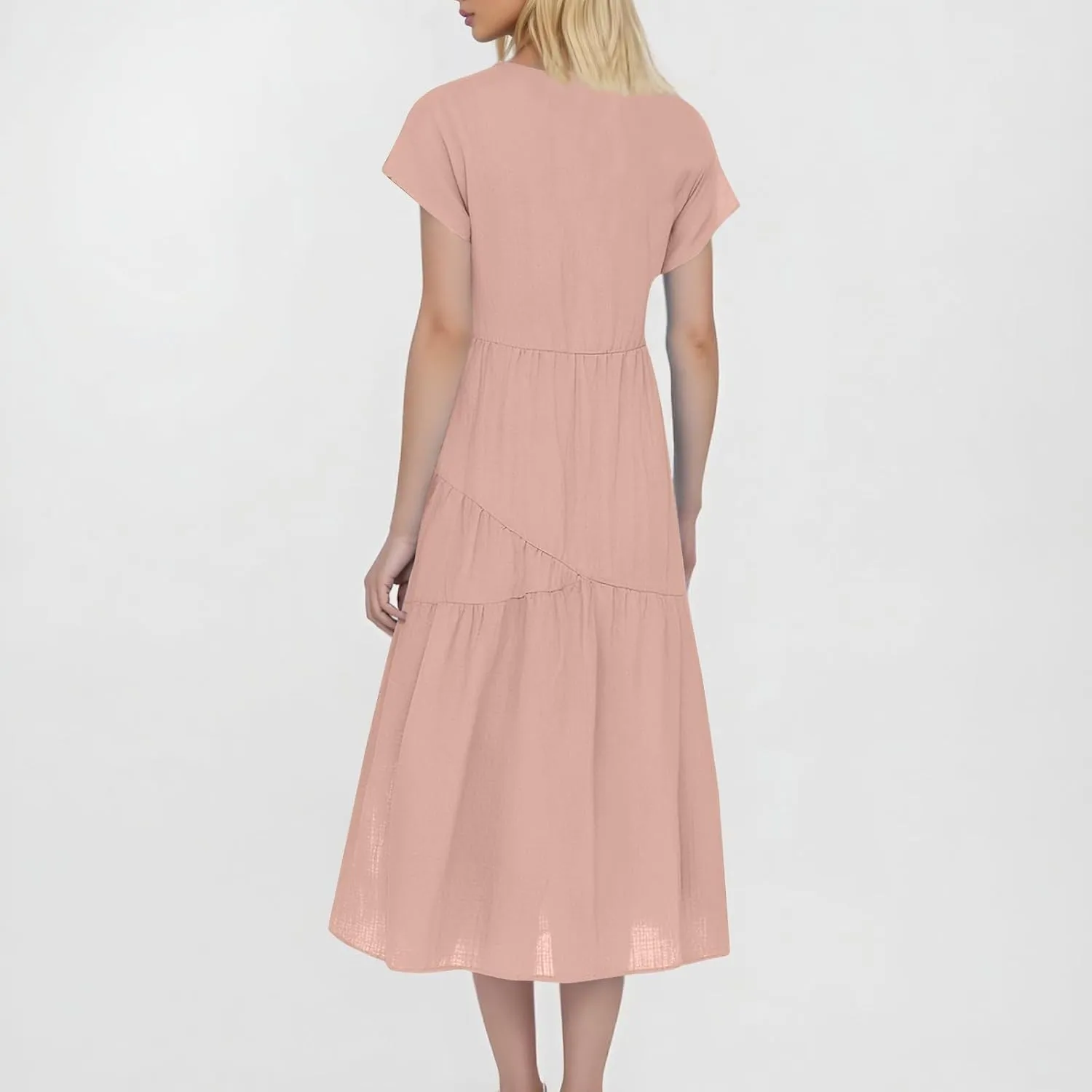 Cotton Linen Dresses for Women 2025 Summer Short Sleeve Midi Beach Dress A Line Flowy Dresses Shirt Dress with Pocket