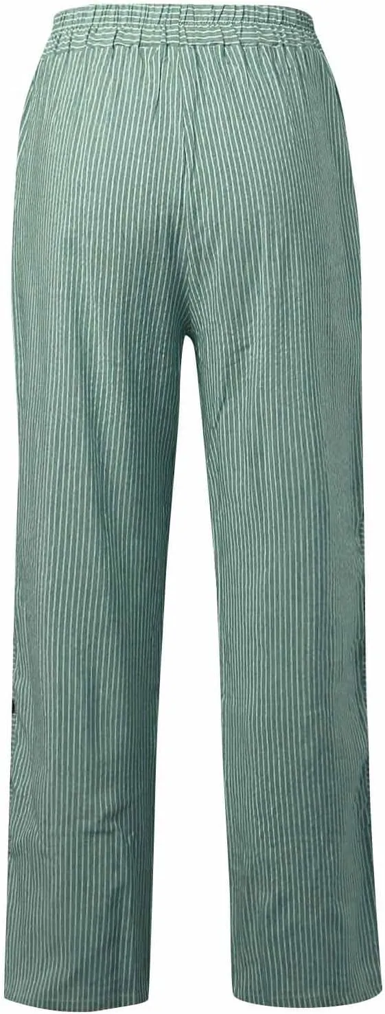 Cotton Linen Pants for Women Casual Straight Leg Elastic Waist Trousers Stripe Print Beach Lounge with Pockets