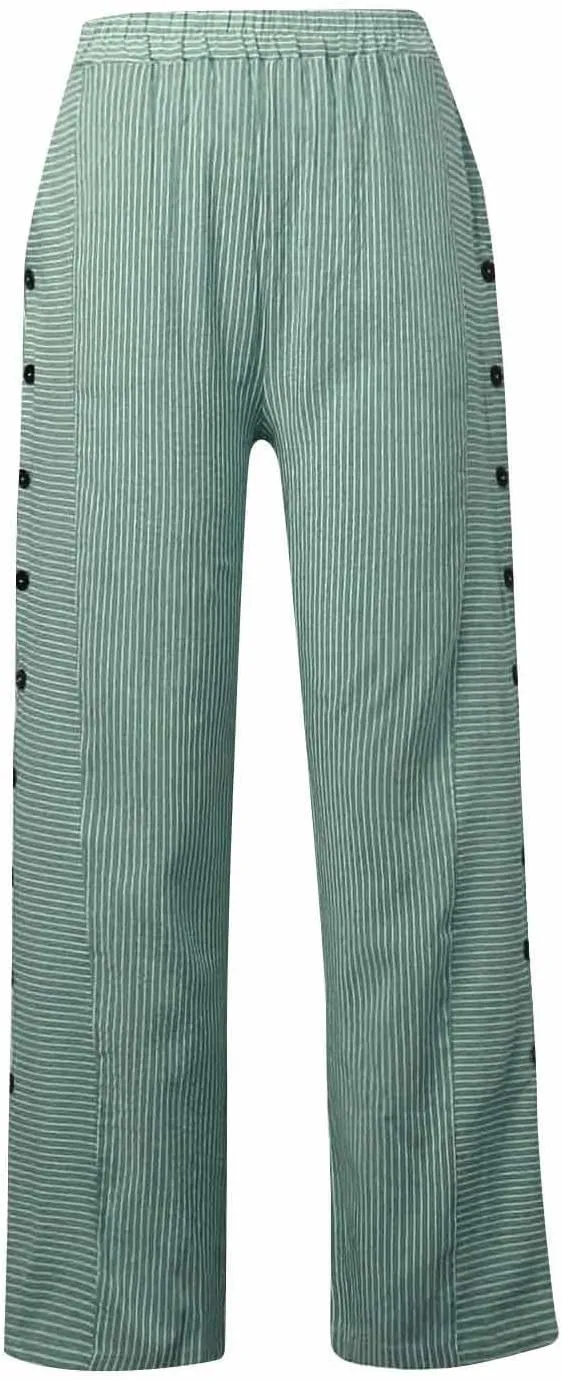 Cotton Linen Pants for Women Casual Straight Leg Elastic Waist Trousers Stripe Print Beach Lounge with Pockets