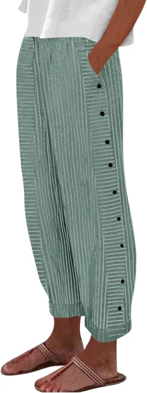 Cotton Linen Pants for Women Casual Straight Leg Elastic Waist Trousers Stripe Print Beach Lounge with Pockets