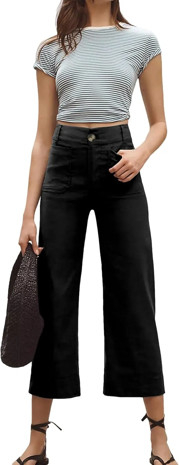 Cropped Wide-Leg Pants Casual High Waist Baggy Pants Stretchy Straight Trousers with Pockets