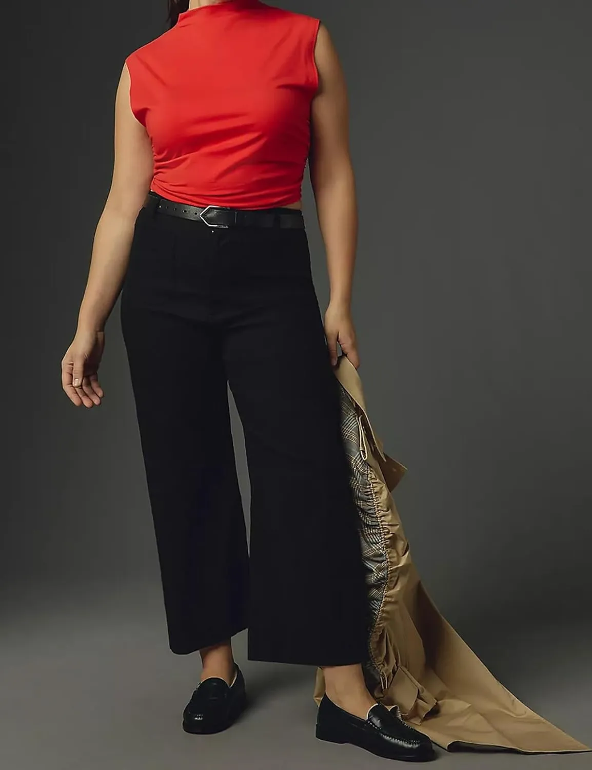 Cropped Wide-Leg Pants Casual High Waist Baggy Pants Stretchy Straight Trousers with Pockets