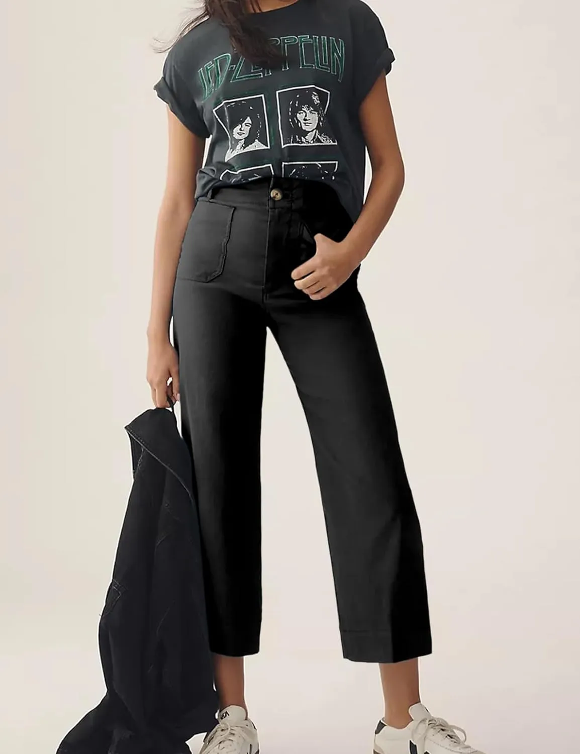 Cropped Wide-Leg Pants Casual High Waist Baggy Pants Stretchy Straight Trousers with Pockets