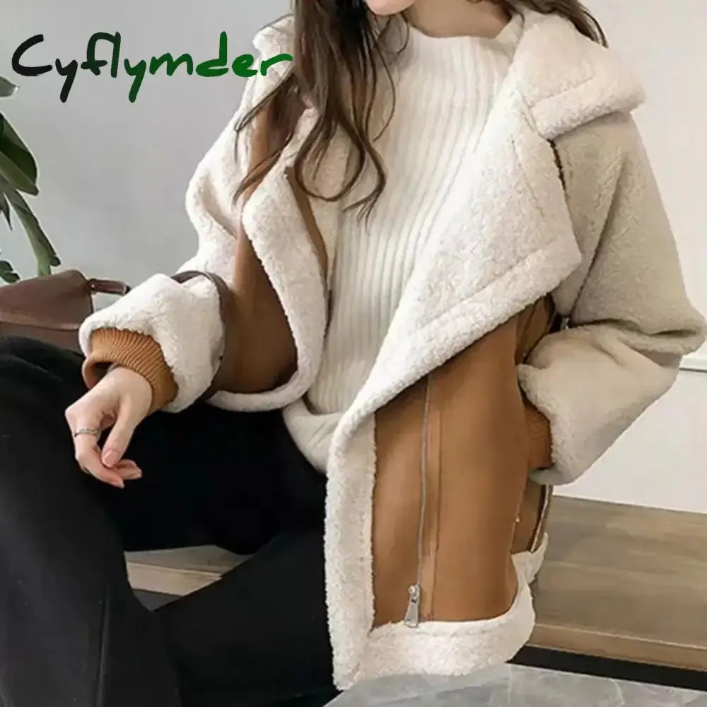 Cyflymder aspen outfits winter  Fall Winter Women Jacket Thick Heat Retention Loose Women Coat Turn-down Collar Long Sleeves Lambswool Windproof Coat