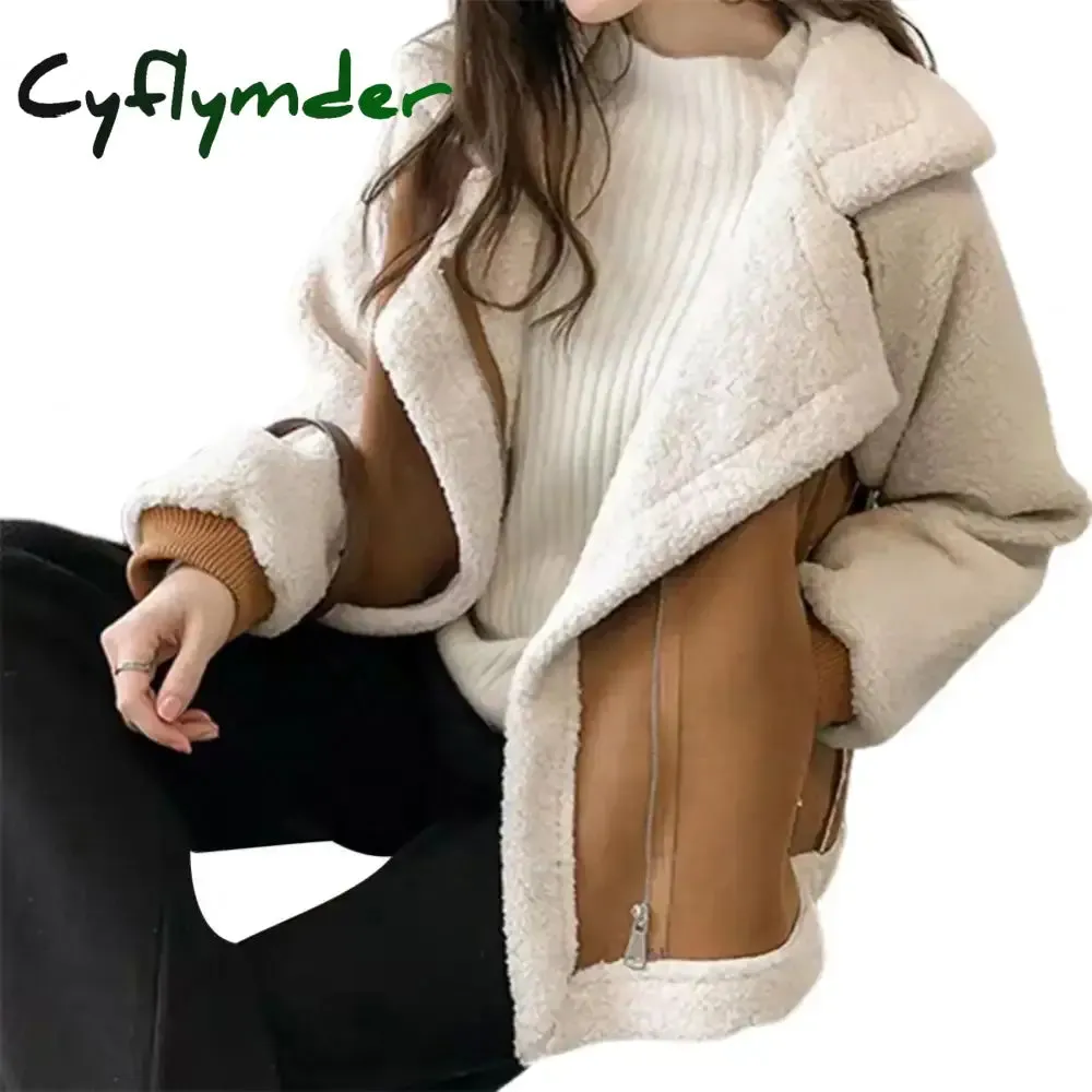 Cyflymder aspen outfits winter  Fall Winter Women Jacket Thick Heat Retention Loose Women Coat Turn-down Collar Long Sleeves Lambswool Windproof Coat