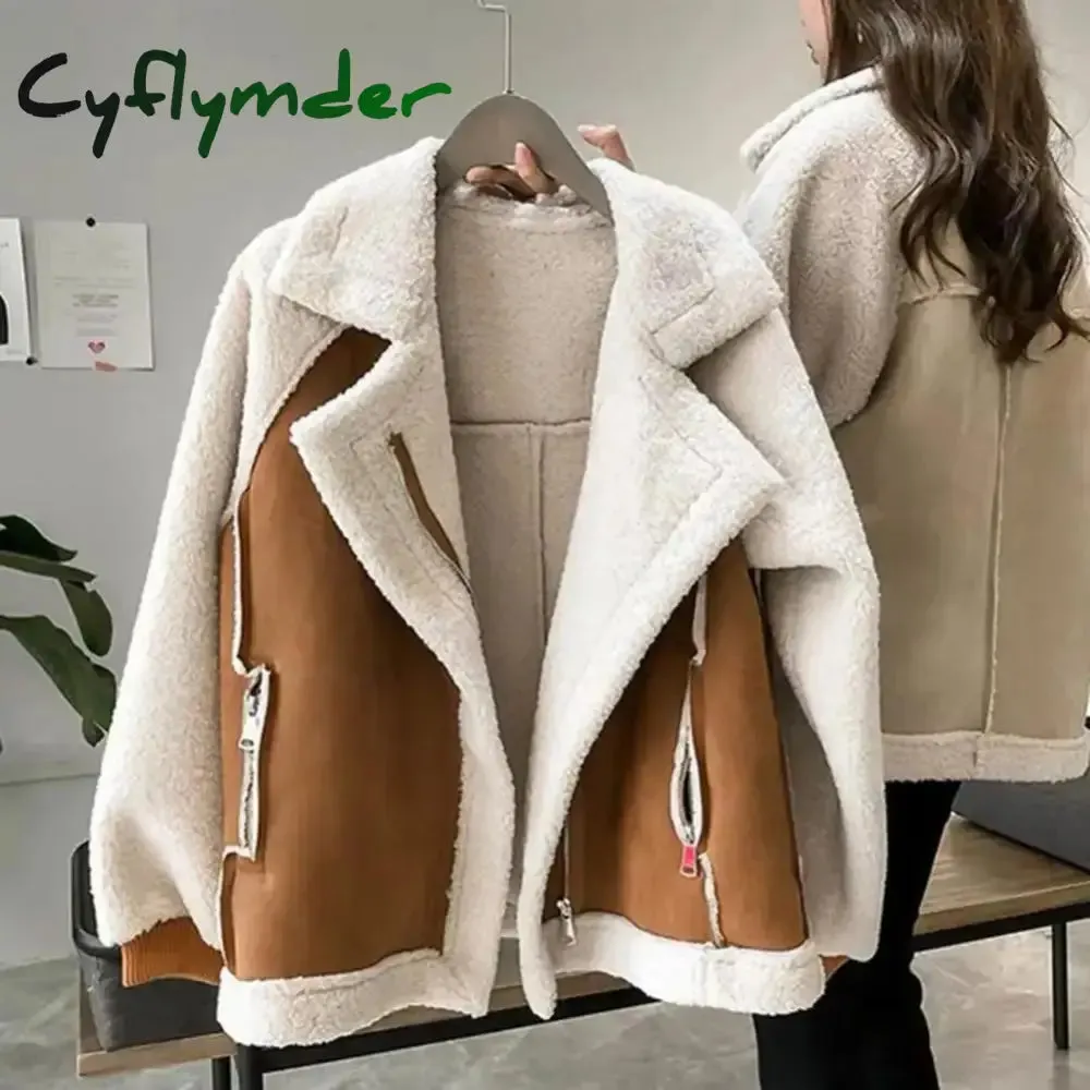 Cyflymder aspen outfits winter  Fall Winter Women Jacket Thick Heat Retention Loose Women Coat Turn-down Collar Long Sleeves Lambswool Windproof Coat