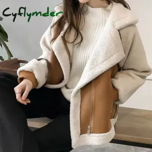 Cyflymder aspen outfits winter  Fall Winter Women Jacket Thick Heat Retention Loose Women Coat Turn-down Collar Long Sleeves Lambswool Windproof Coat
