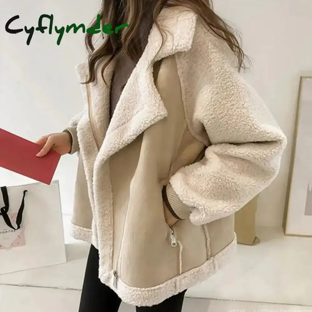 Cyflymder aspen outfits winter  Fall Winter Women Jacket Thick Heat Retention Loose Women Coat Turn-down Collar Long Sleeves Lambswool Windproof Coat