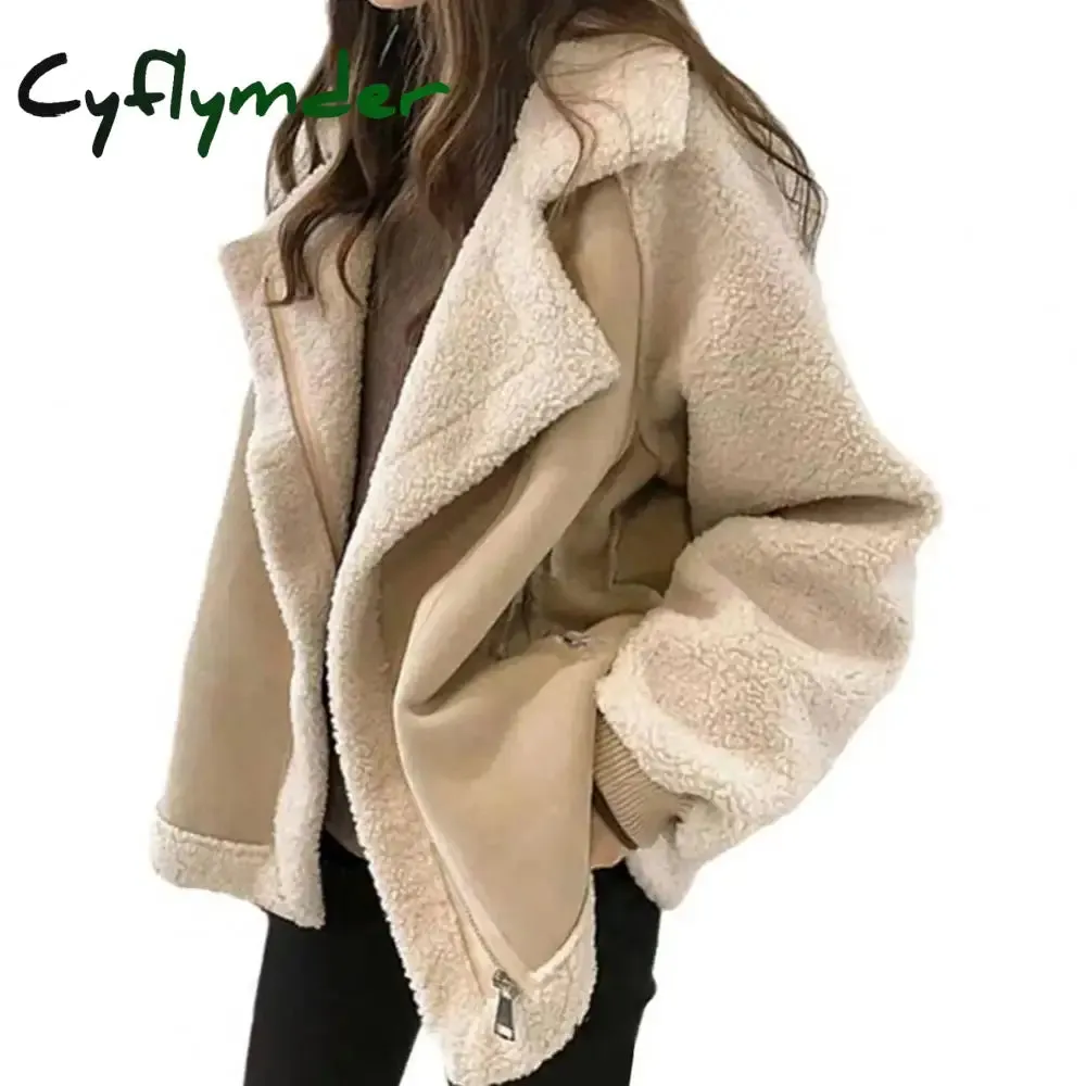 Cyflymder aspen outfits winter  Fall Winter Women Jacket Thick Heat Retention Loose Women Coat Turn-down Collar Long Sleeves Lambswool Windproof Coat