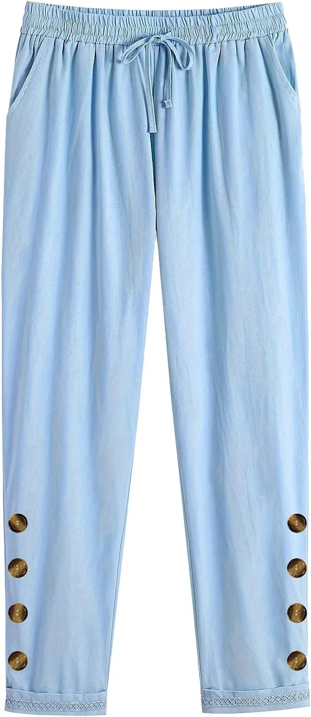 DASAYO Womens Linen Pants Drawstringgg Elastic Waist Straight Legg Trousers Summer Lightweigght Casual Pants with Pockets