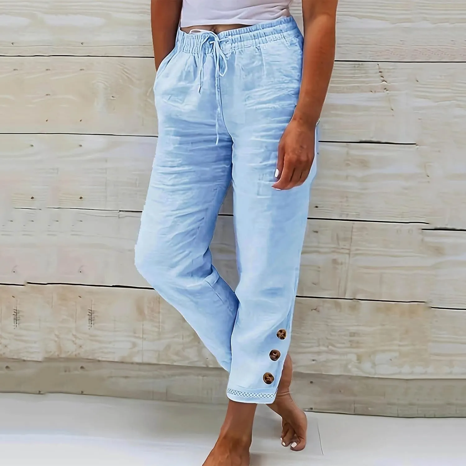 DASAYO Womens Linen Pants Drawstringgg Elastic Waist Straight Legg Trousers Summer Lightweigght Casual Pants with Pockets