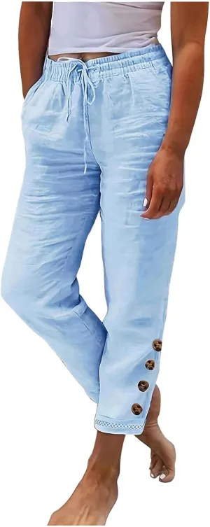 DASAYO Womens Linen Pants Drawstringgg Elastic Waist Straight Legg Trousers Summer Lightweigght Casual Pants with Pockets
