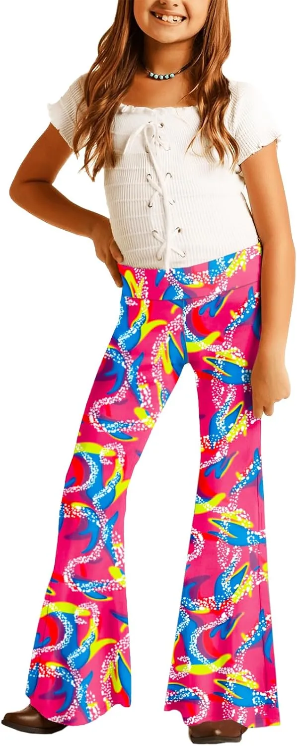 Deerose Girls Bell Bottom Floral Print Stretch Hippie Pants High Waist Flare Pants 5-14 Year