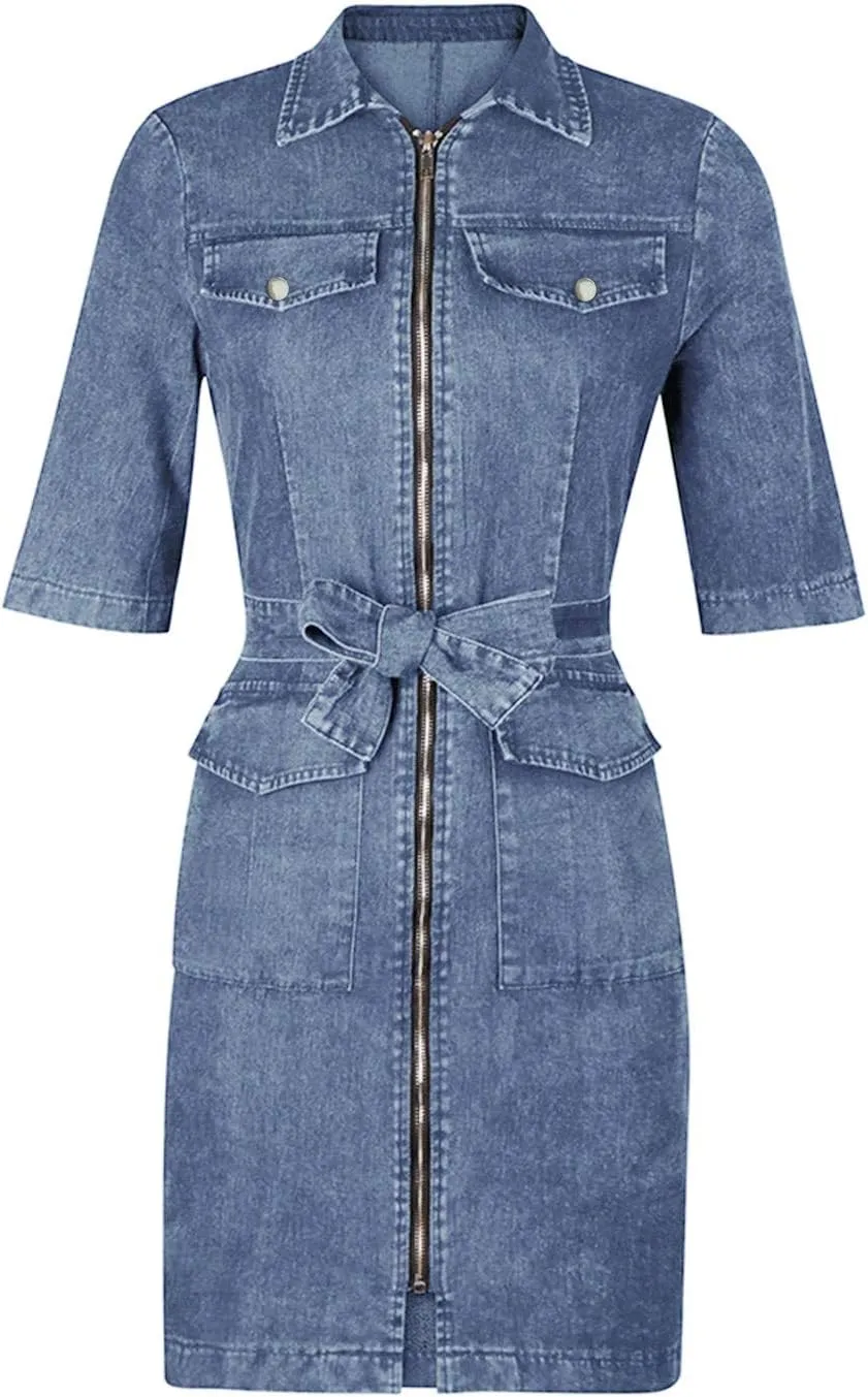 Denim Dress for Women Casual Denim Shirt Dress 2023 Short Sleeve Zip Up Tie Waist Jean Dresses Slim Fitted Casual Sexy