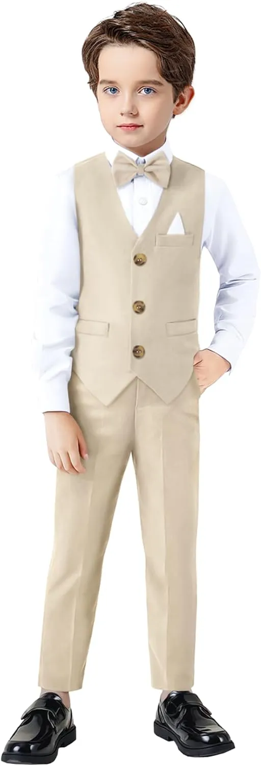 Dinysuos Boys Suit Formal Dress Kids Tuxedo Outfit Dress Shirt with Bow Tie  Slim Vest Pants 4Pcs 3-7 Years