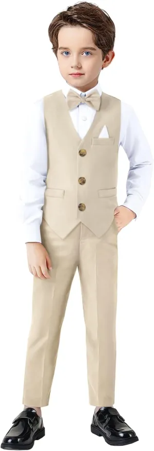 Dinysuos Boys Suit Formal Dress Kids Tuxedo Outfit Dress Shirt with Bow Tie  Slim Vest Pants 4Pcs 3-7 Years