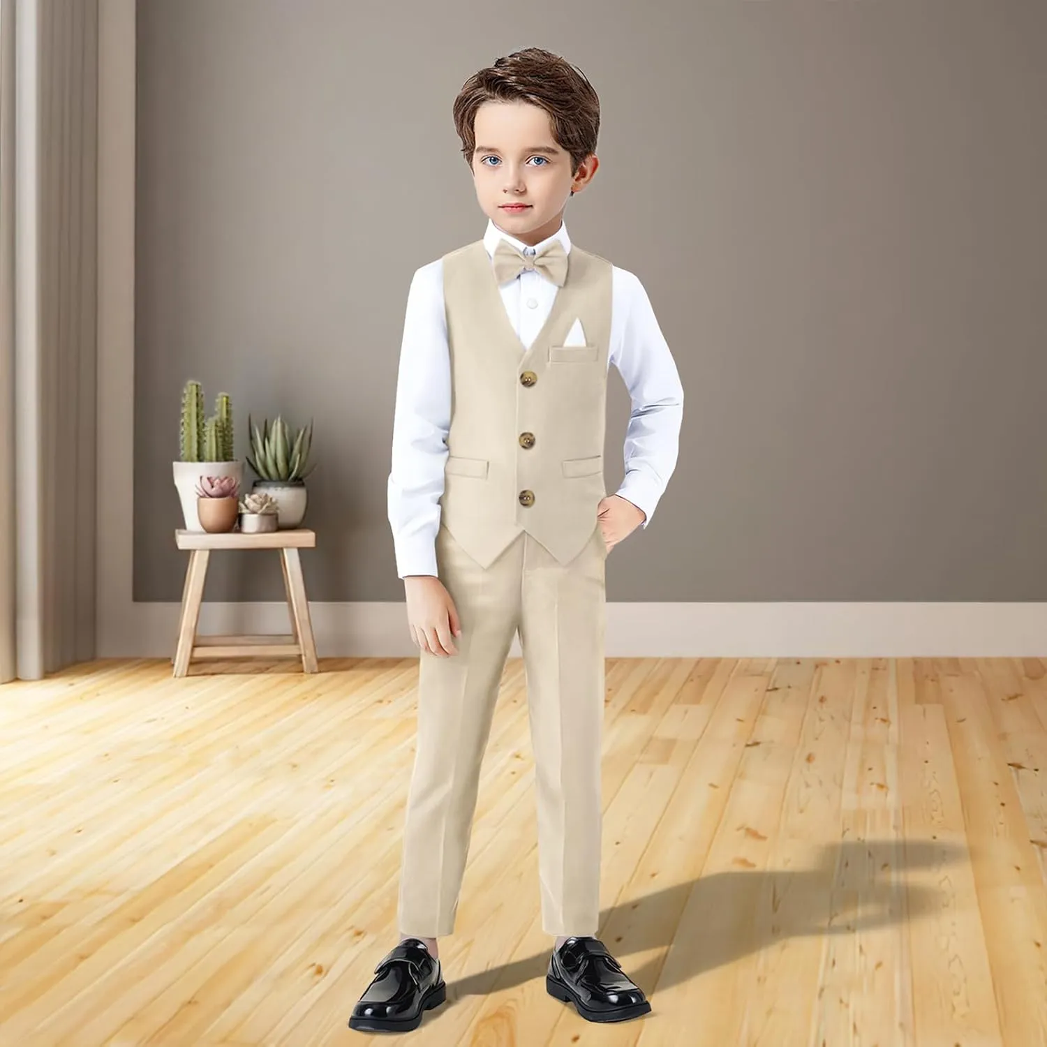 Dinysuos Boys Suit Formal Dress Kids Tuxedo Outfit Dress Shirt with Bow Tie  Slim Vest Pants 4Pcs 3-7 Years
