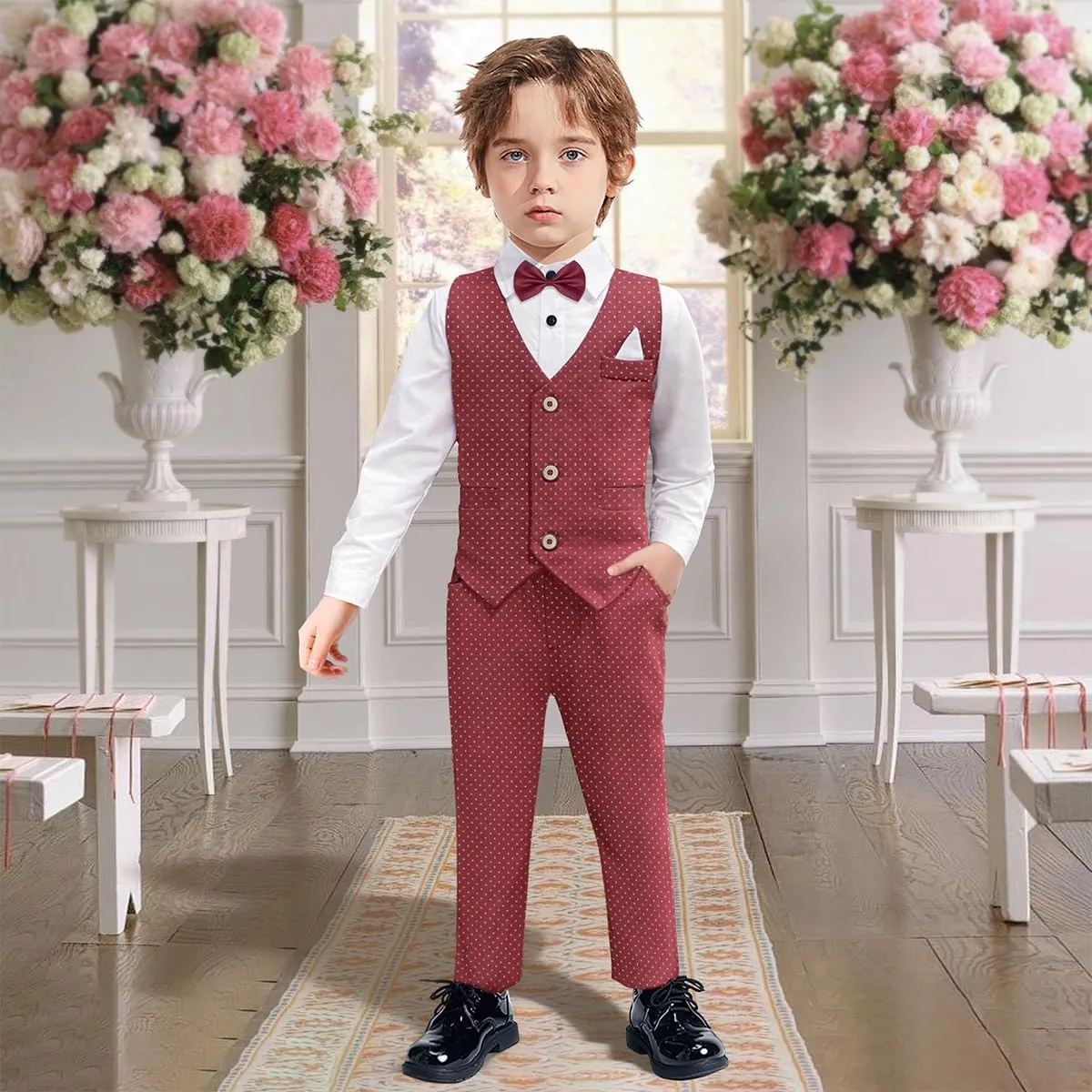 Dinysuos Boys Suit Formal Dress Kids Tuxedo Outfit Dress Shirt with Bow Tie  Slim Vest Pants 4Pcs 3-7 Years