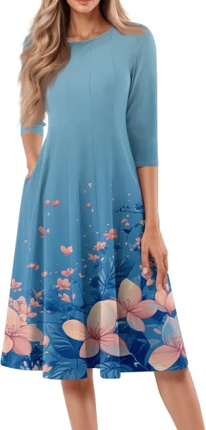 Dress for Women 3/4 Sleeve Spring Wrap Dress Empire Waist Floral Fitted Dress Summer Cute Flowy Dresses with Pocket