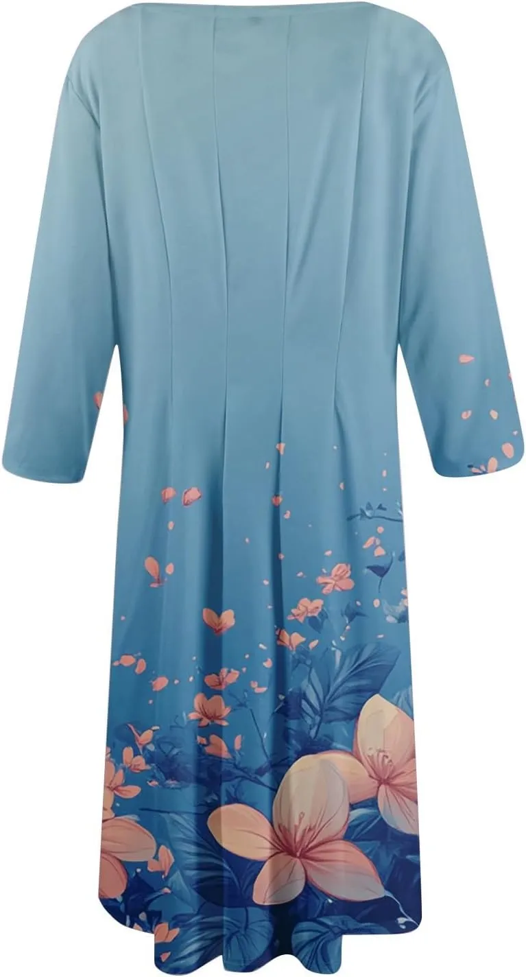 Dress for Women 3/4 Sleeve Spring Wrap Dress Empire Waist Floral Fitted Dress Summer Cute Flowy Dresses with Pocket