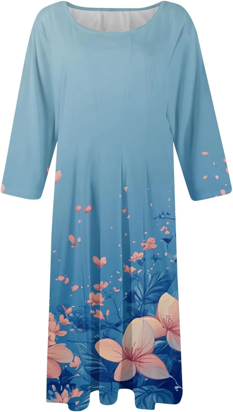 Dress for Women 3/4 Sleeve Spring Wrap Dress Empire Waist Floral Fitted Dress Summer Cute Flowy Dresses with Pocket