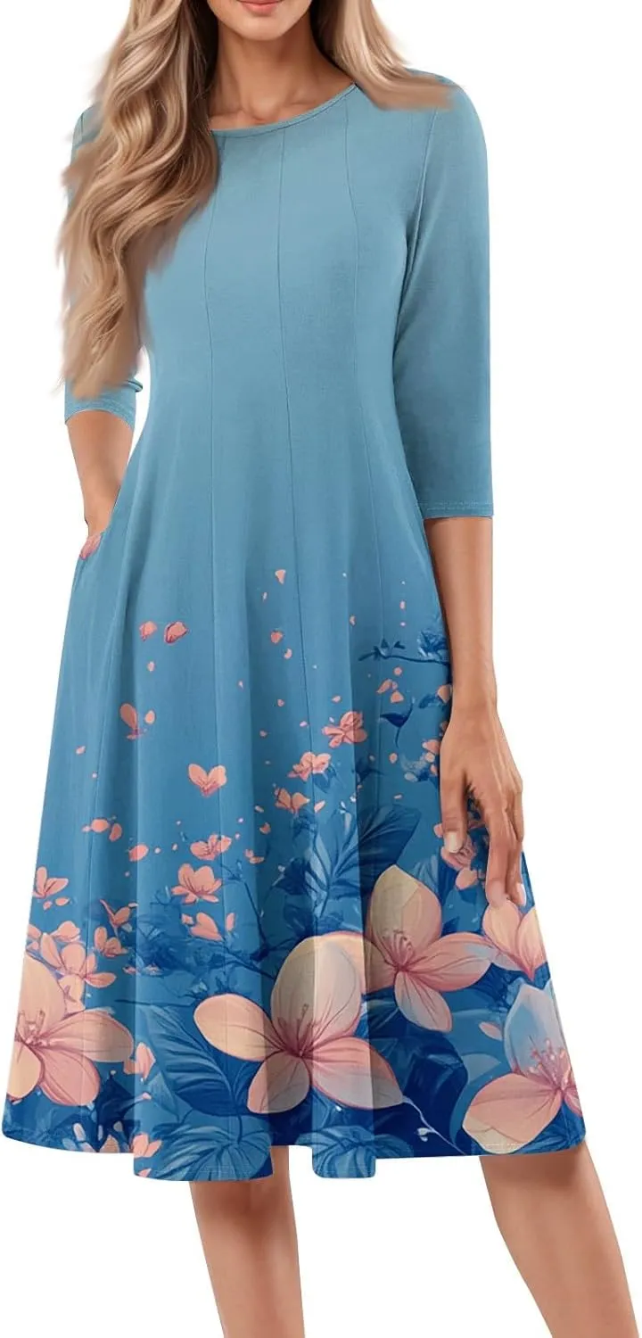 Dress for Women 3/4 Sleeve Spring Wrap Dress Empire Waist Floral Fitted Dress Summer Cute Flowy Dresses with Pocket