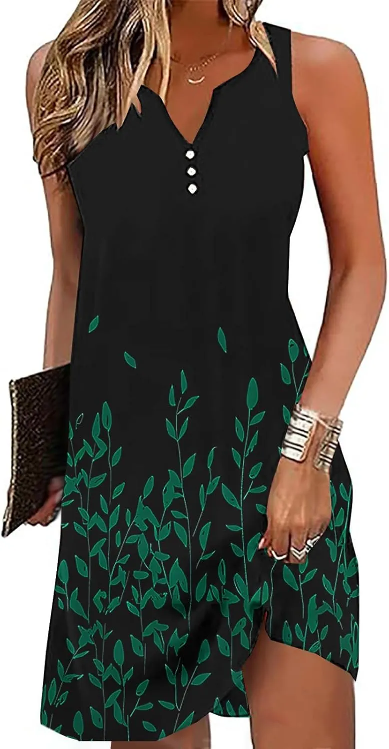 Dresses for Women Casual Summer V Neck Sleeveless Plus Size Dresses Loose Tank Sundresses Floral Retro Midi Dress