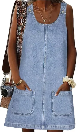 ebossy Women's Vintage Distressed Sleeveless Baggy Loose Denim Mini Dress with Pocket