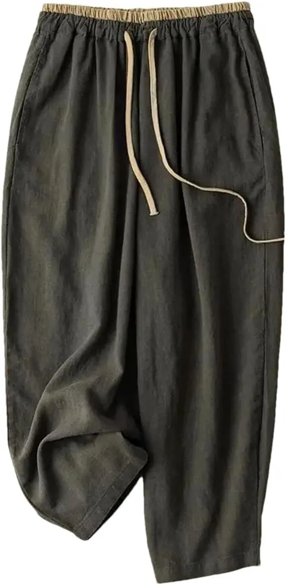 Elastic Drawstring Waist Casual Pants Cotton Linen Loose Harem Pants All-Match Wide-Leg Pants