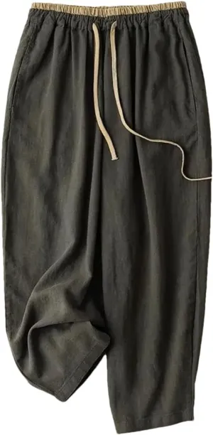 Elastic Drawstring Waist Casual Pants Cotton Linen Loose Harem Pants All-Match Wide-Leg Pants