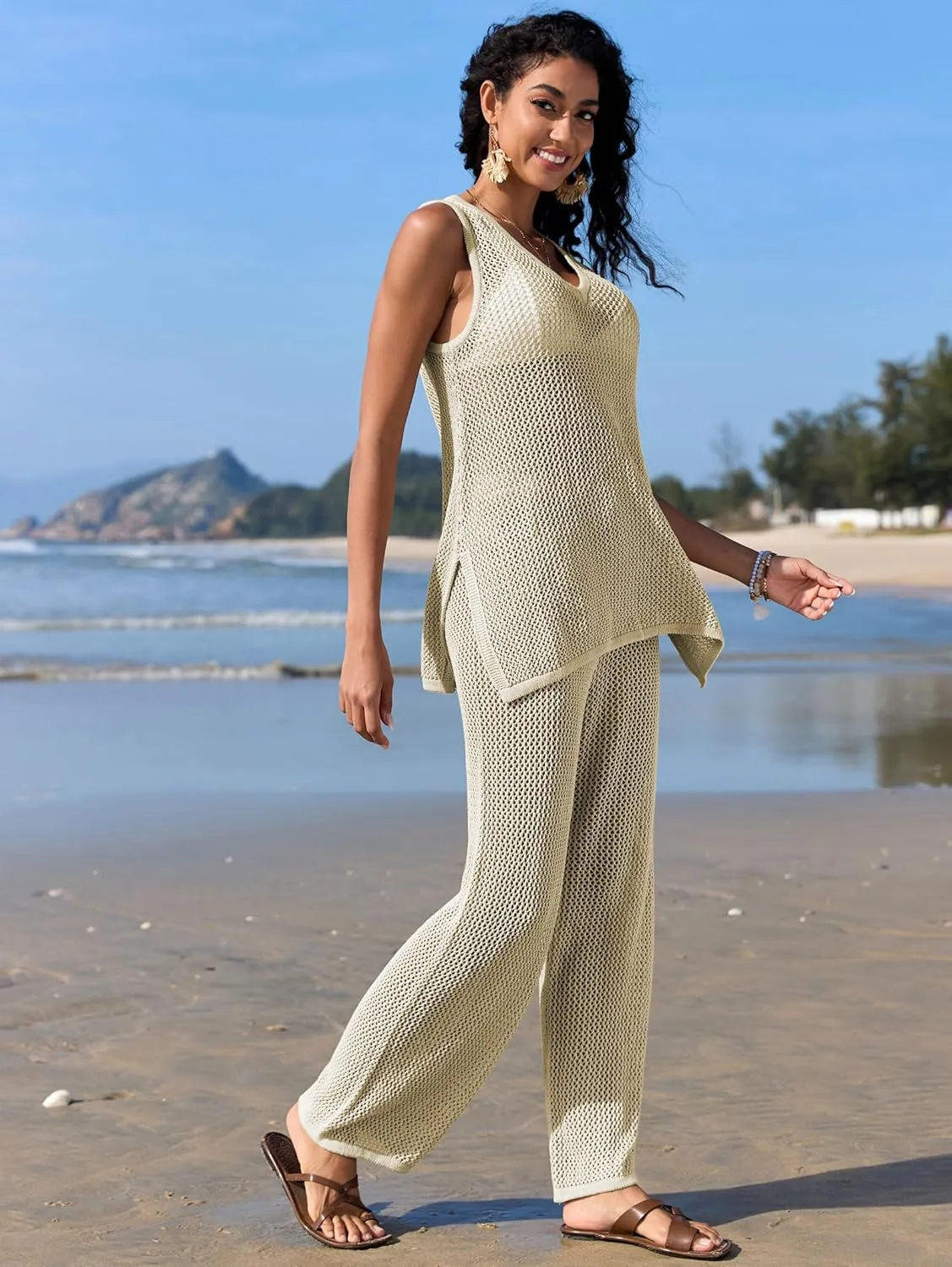 Famulily Womens 2 Piece Crochet Knit Outfits Summer Hollow Out Cover Up Sets Sleeveless Deep V Neck Top and Wide Leg Pants