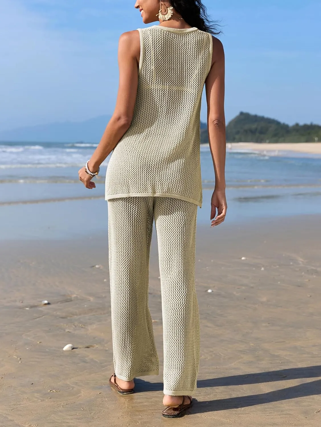 Famulily Womens 2 Piece Crochet Knit Outfits Summer Hollow Out Cover Up Sets Sleeveless Deep V Neck Top and Wide Leg Pants